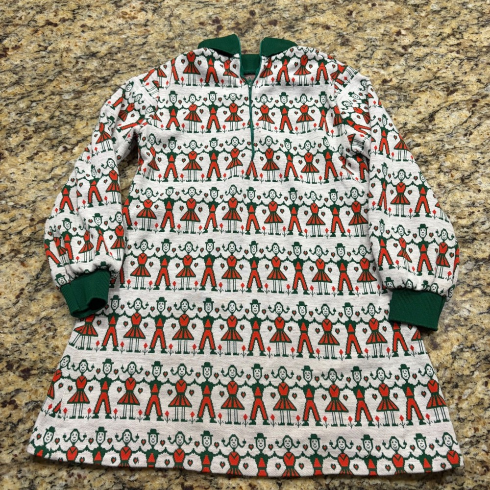 Vintage Ruth of Carolina Girl Novelty Knit Dress Red Green Folk Art People Zip 6